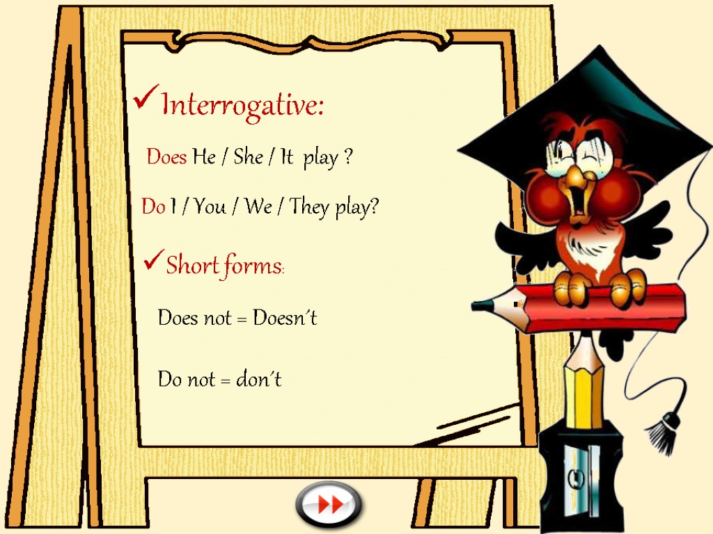 Interrogative: Does He / She / It play ? Do I / You /